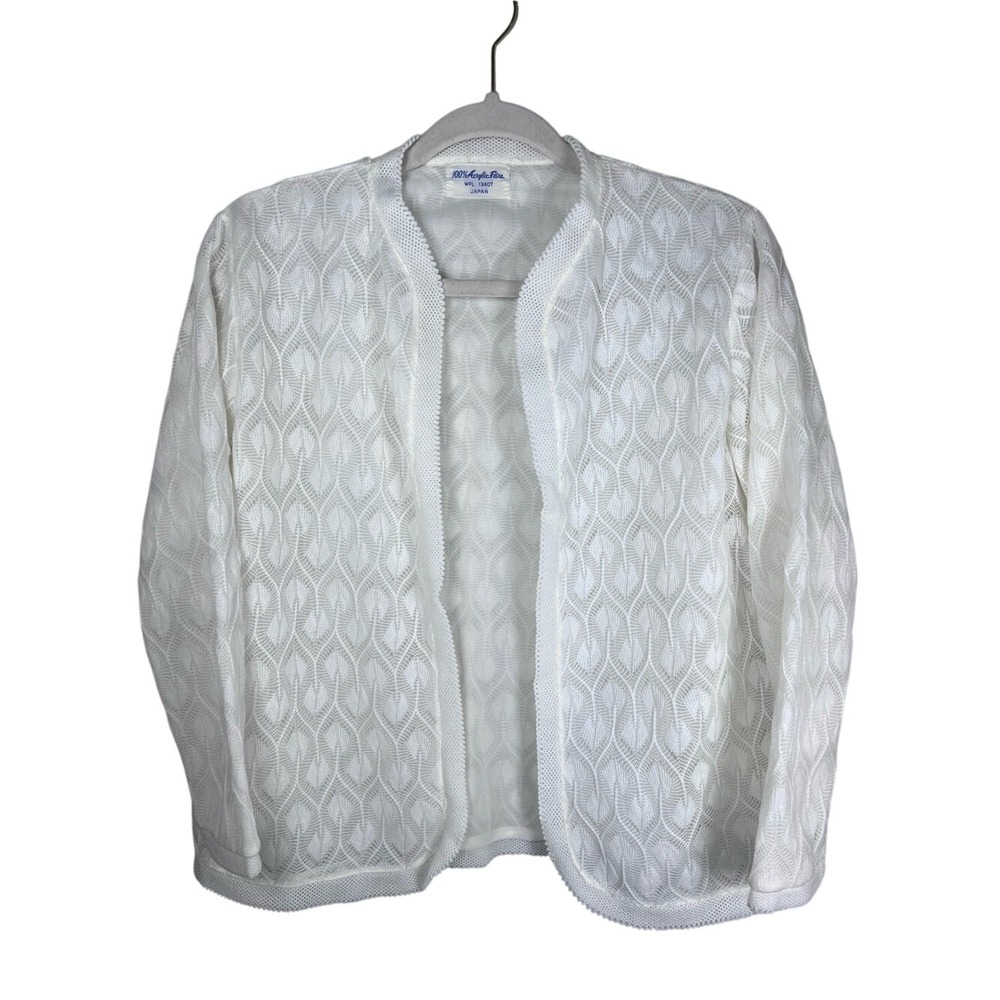 Vintage‎ 60s 70s White Vienna Lace Knit Open Front Cardigan Sweater Mod S M